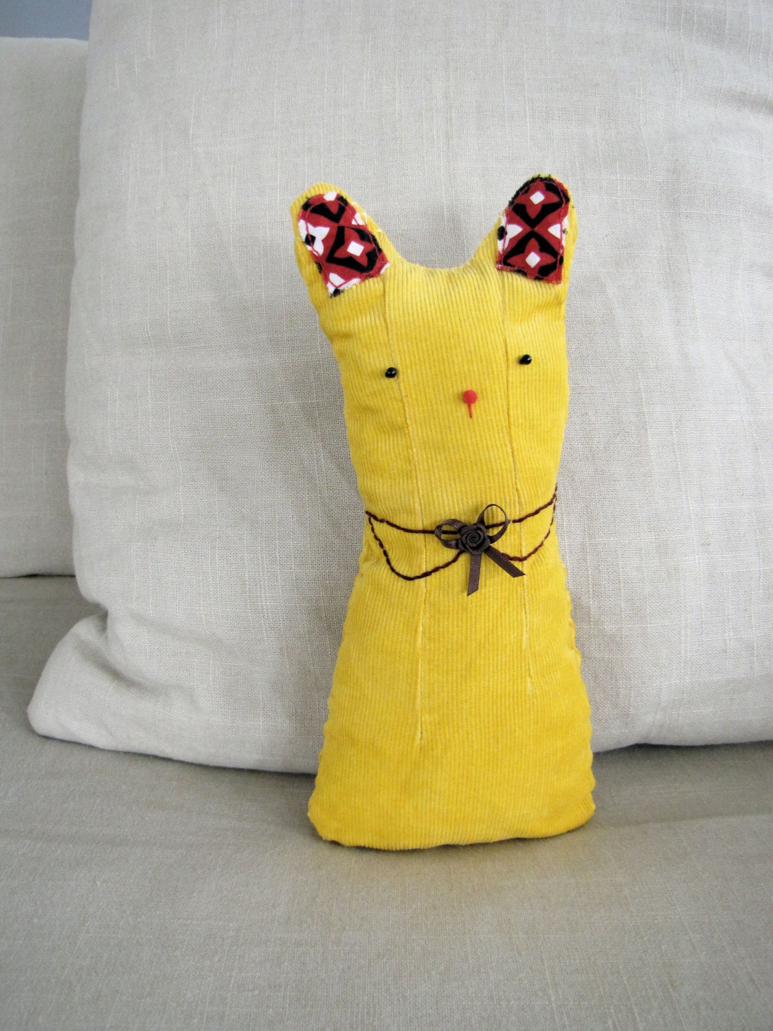 Sunshine Kitten - upcycled eco friendly pillow home decor, hand sewn and hand embroidered