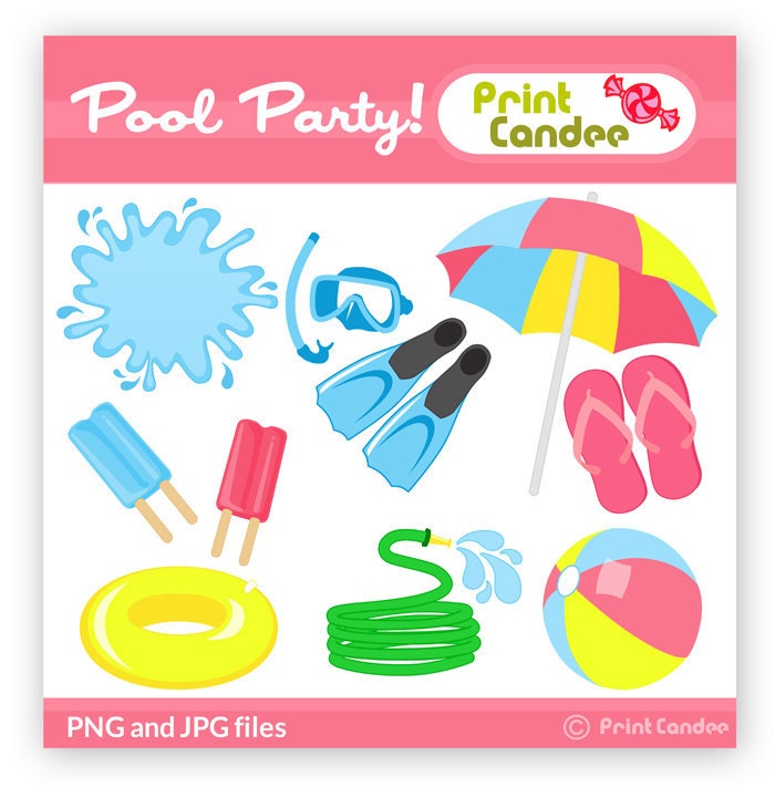 Pool Party - BUY 2 GET 1 FREE - Digital Clip Art - Personal and Commercial Use - snorkel summer beach ball umbrella hose splash float