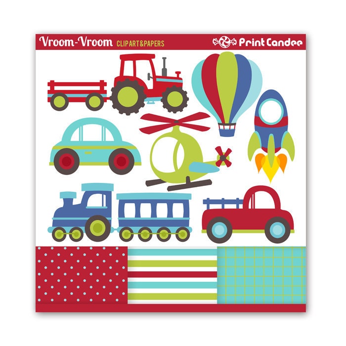 Vroom Vroom Transportation - BUY 2 GET 1 FREE - Digital Clip Art - Personal and Commercial Use - cars trucks helicopter tractor train
