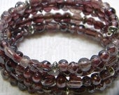 Large Oval Plum Purple Glass and Silver Beaded Memory Wire Bracelet
