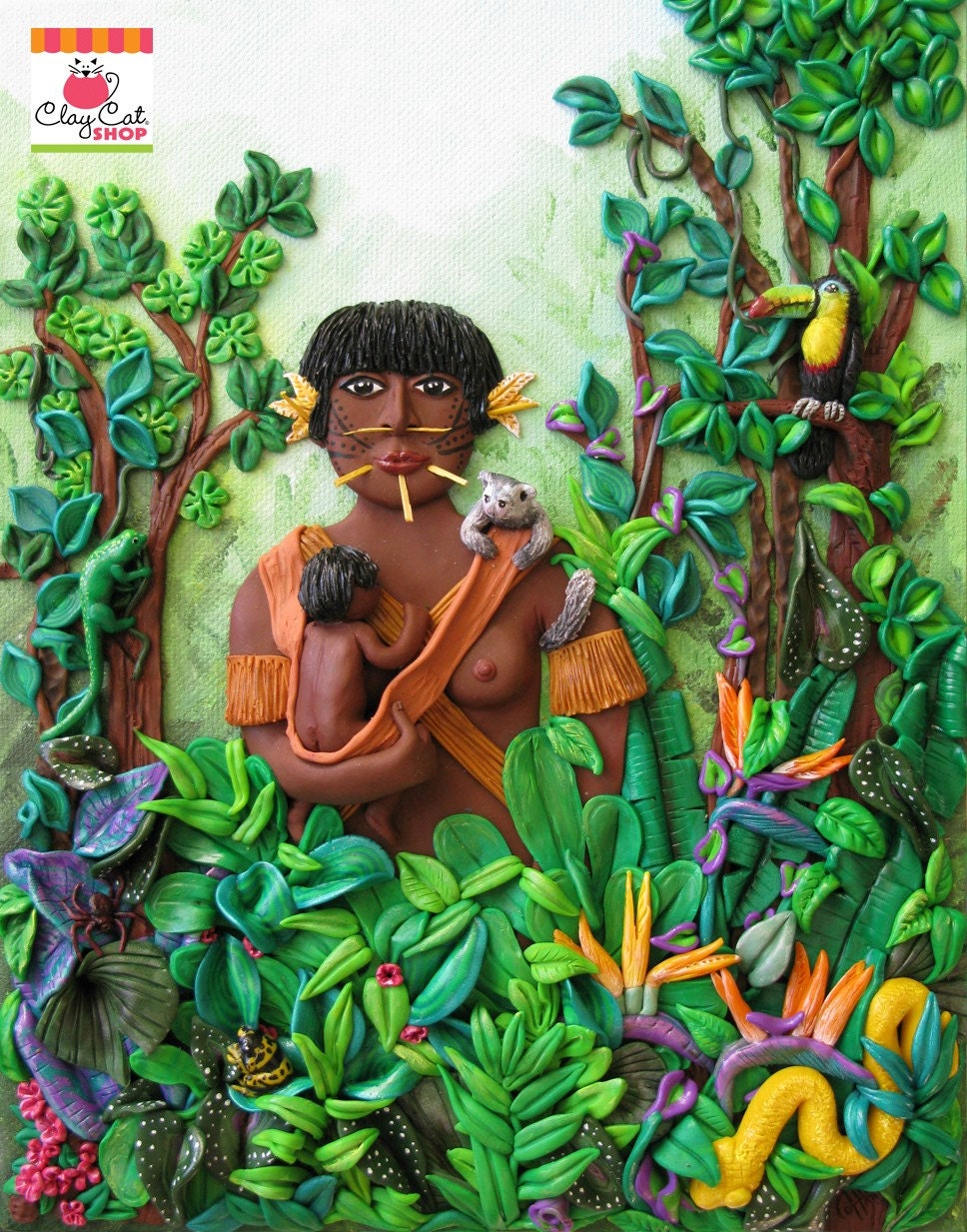 YANOMAMI Mother and child, ORIGINAL OOAK Polymer Clay Art