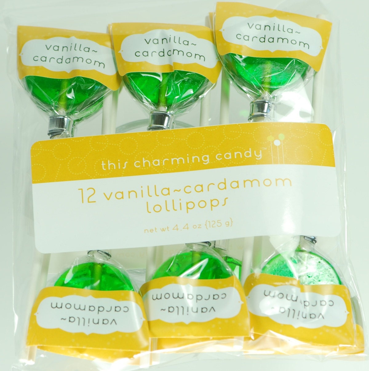 12 Vanilla Cardamom Lollipops  - gourmet hard candy suckers - green candy lollipops