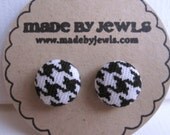 Black Houndstooth Fabric Covered Button Earrings