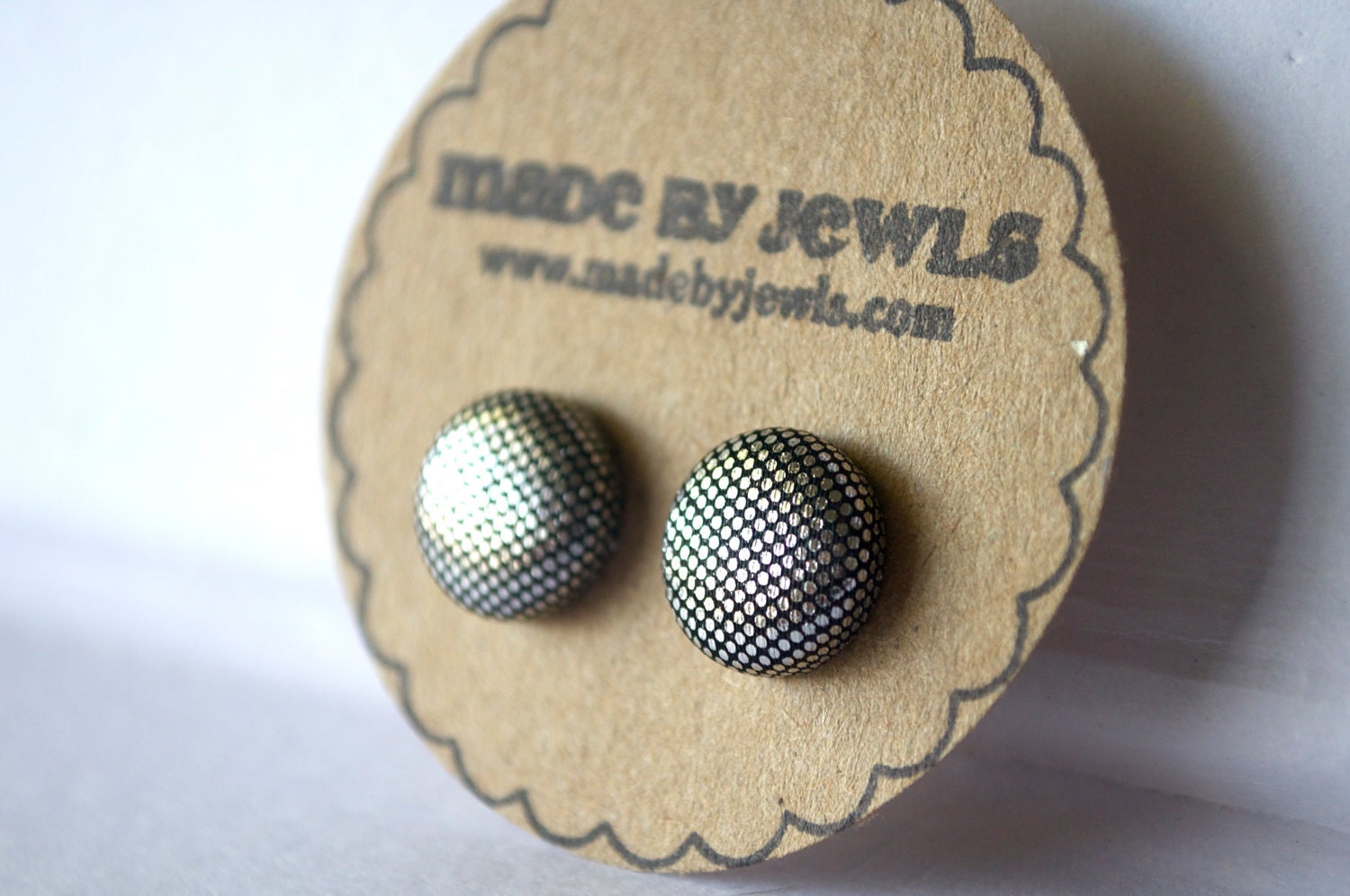 Metallic Silver Fabric Covered Button Earrings