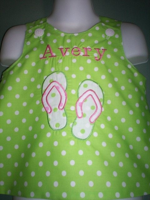 Green Polka Dot Flip Flop A-line Dress 3 mo-4T with free monogram and shoulder bows.