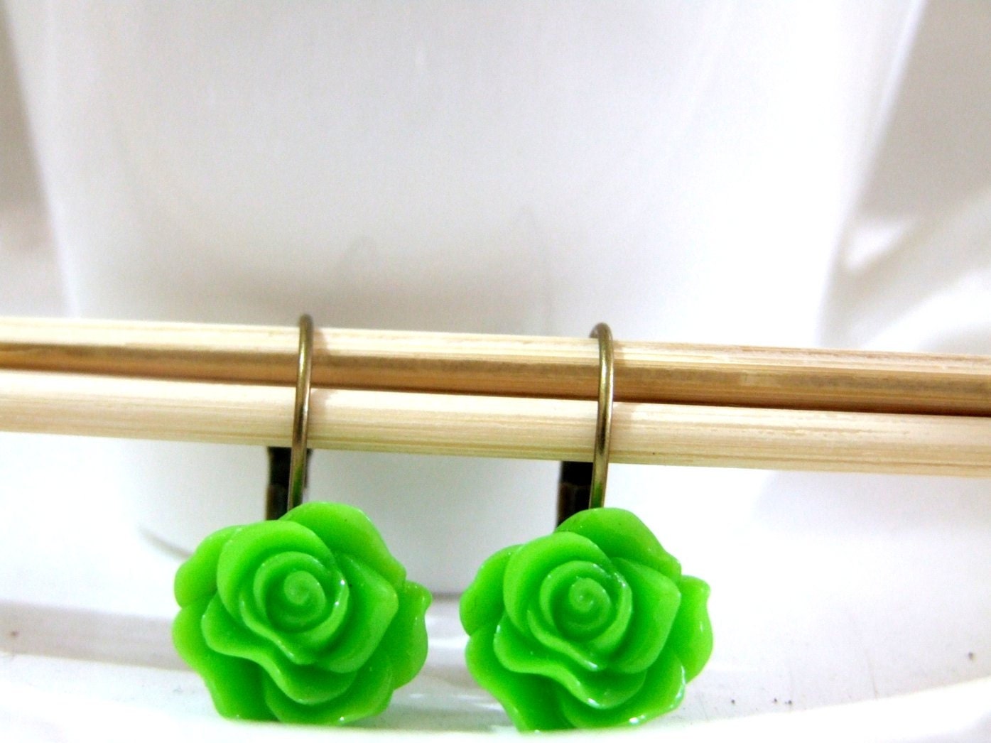 Green rose cabochon nickel free antique dangle earrings