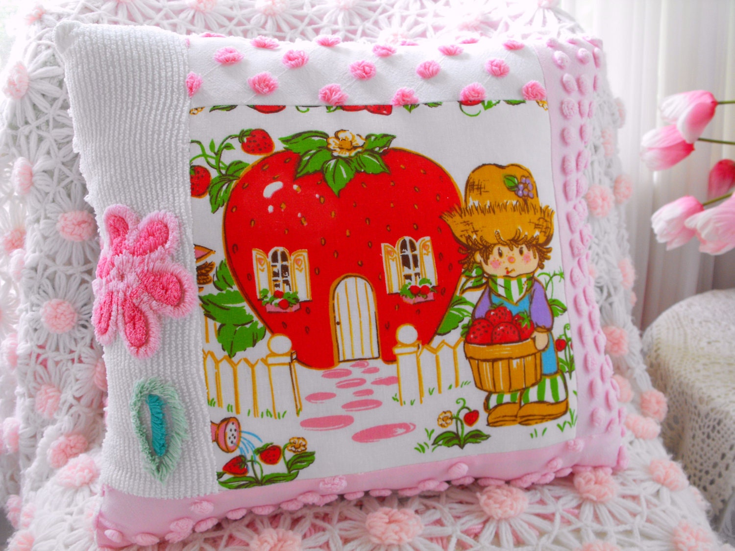Vintage Strawberry Shortcake And Vintage Chenille Patchwork Pillow