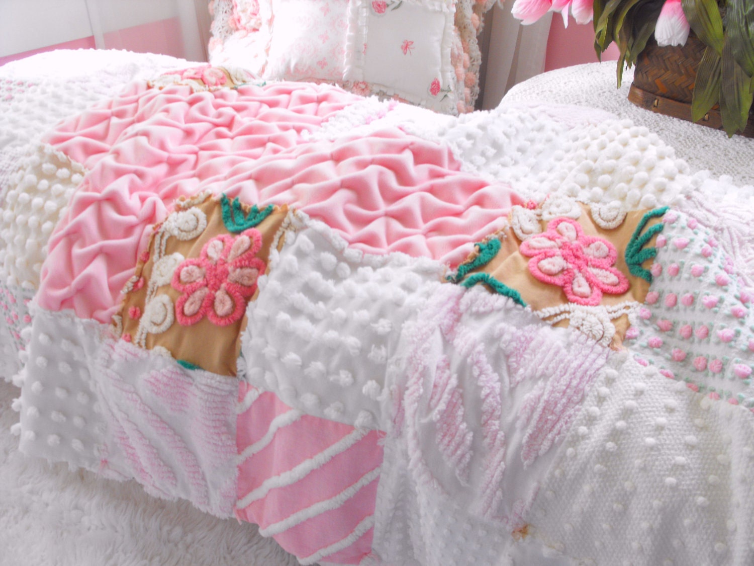 Vintage Chenille Patchwork Throw Size Cross Quilt Hand Smocking