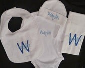 Custom Personalized Baby Gift Set ... Bunting hat, Burp cloth, Bib, Onesie embroidered set