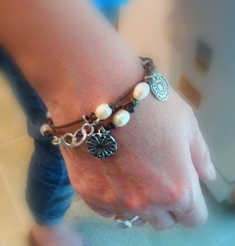 Recycled Fine Silver Triple Charm Leather Pearl Sterling Fashion Wrap Bracelet Necklace June Birthstone Square Infinity Organic Brown Rusti