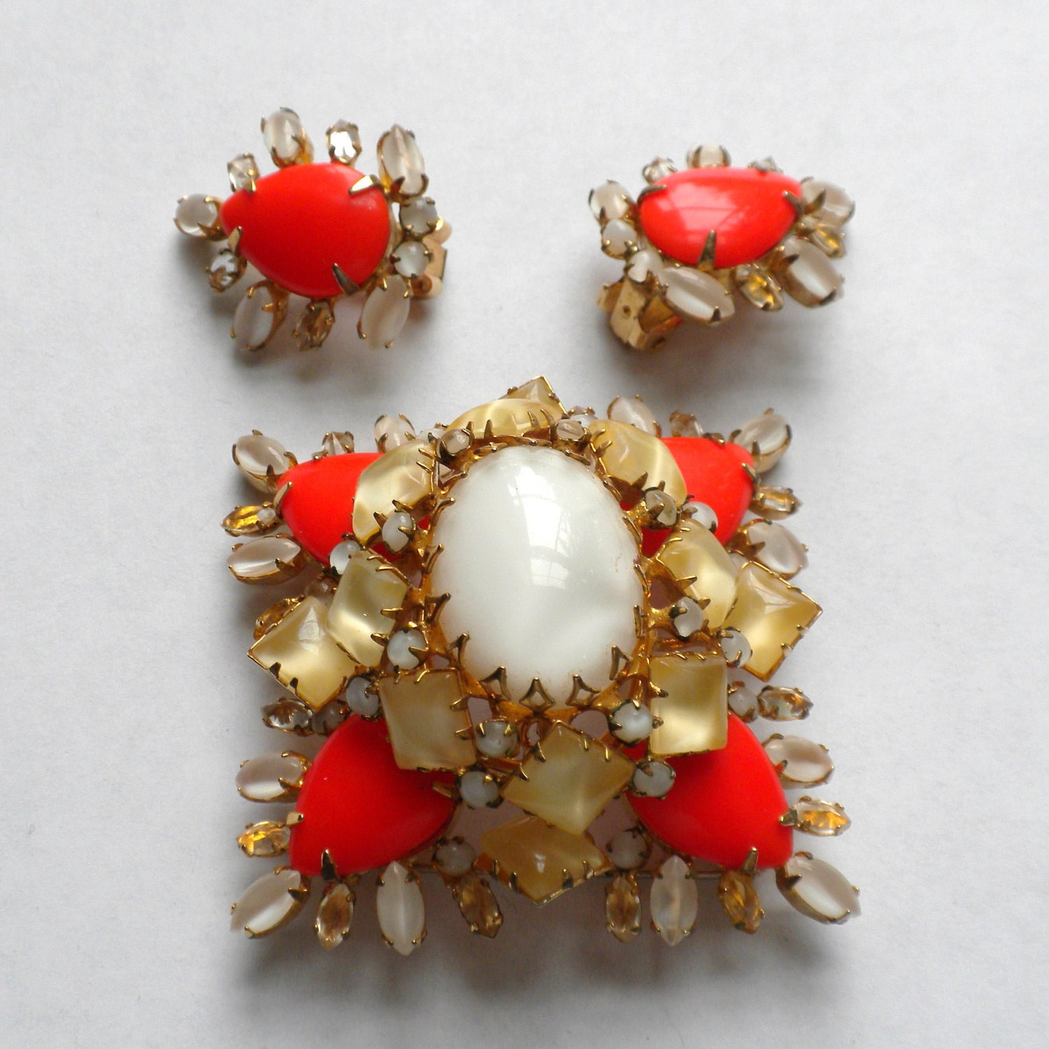 Reserved for Janice Lee Vintage Signed Schreiner Brooch and Earrings Luminescent White and Orange Glass