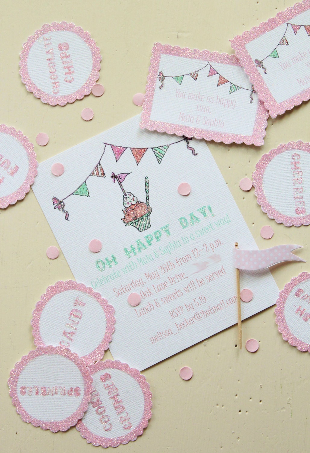 Happy Ice Cream Party invitations, cupcake flags, gift tags, letter garlands and note cards