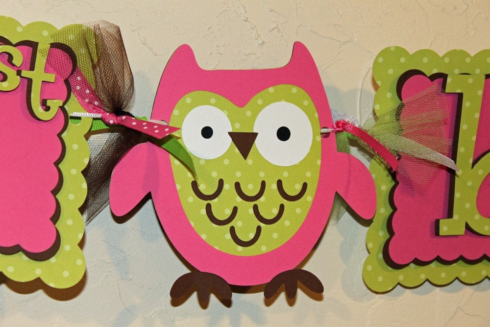 Owl Happy Birthday and age Banner Pink, Green, and Brown