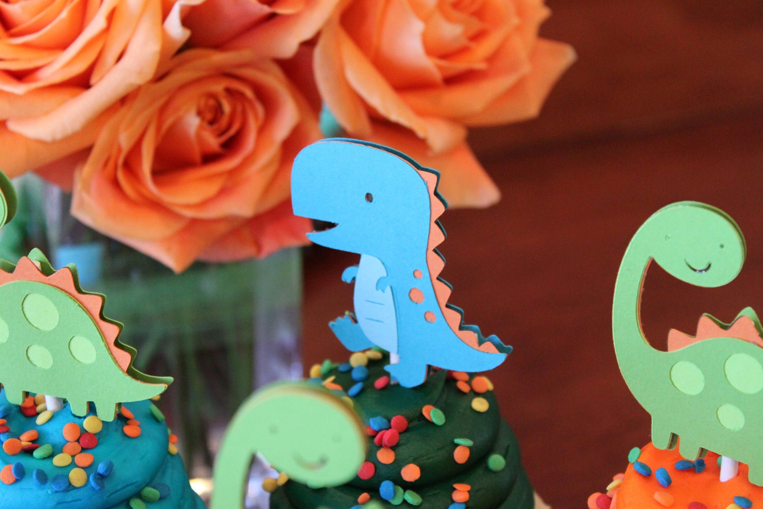 Dinosaur Cupcake Toppers Lime Green Orange and Turquoise Blue Boy Dino Birthday Party Decorations
