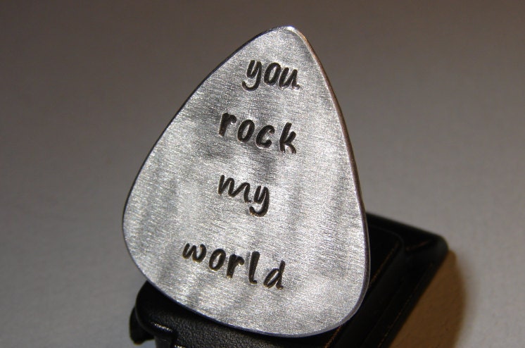 Guitar Pick Handmade Aluminum with You Rock my World in Lower Case