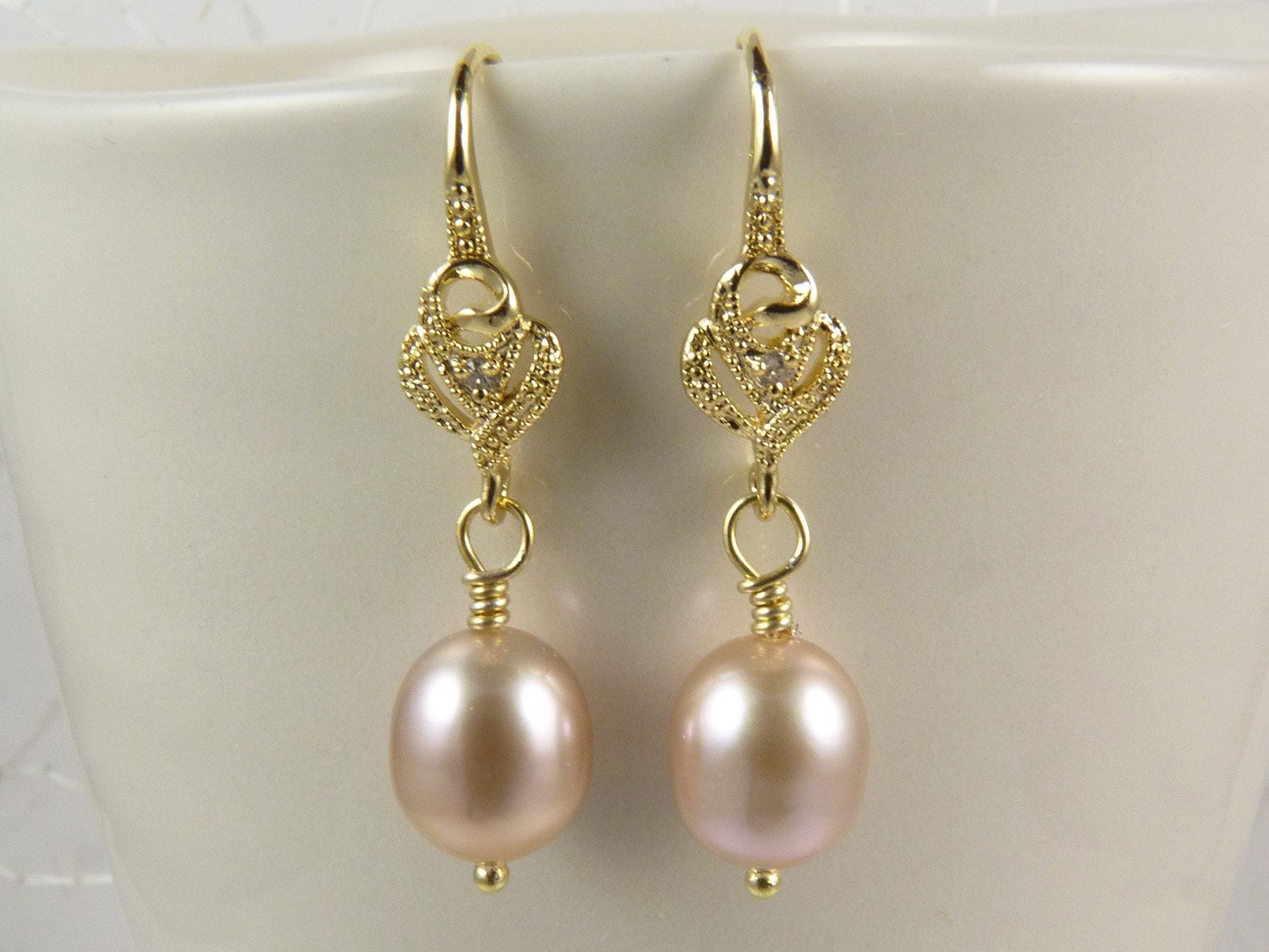 Pearl Earrings with AAA Golden Pink Freshwater Pearls and Vermeil Ear Wires with Swarovski Crystals