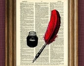 INK POT and FEATHER Quill Pen illustration beautifully upcycled dictionary page book art print