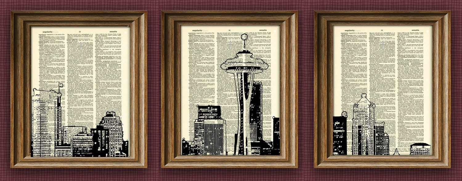 Seattle Skyline 3 pack dictionary prints awesome upcycled vintage dictionary page book art print