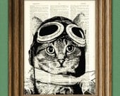 Captain Kitty Ace Aviator Cat altered art dictionary page illustration book print