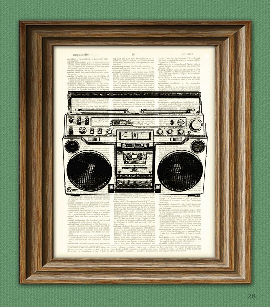 Cool BOOMBOX ghetto blaster tape player print over an upcycled vintage dictionary page book art