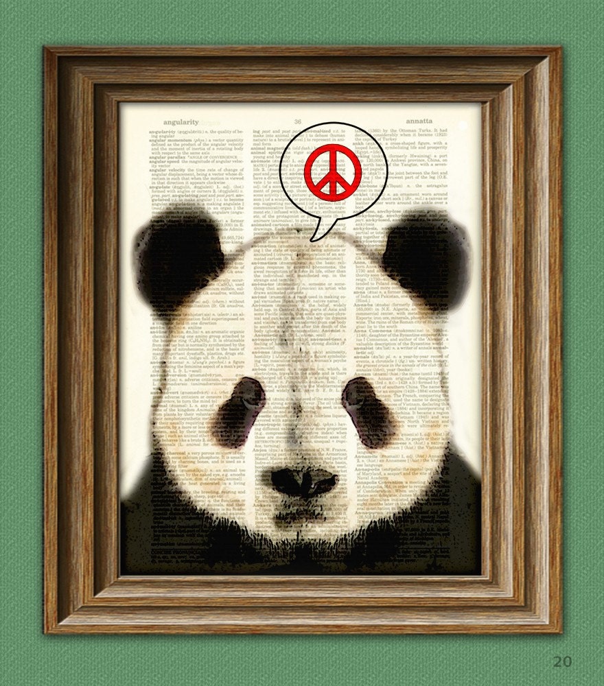 PEACE PANDA BEAR beautifully upcycled vintage dictionary page book art print