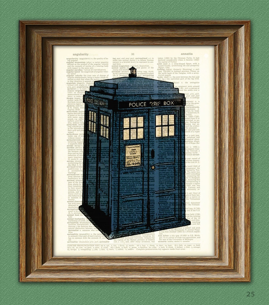 British BLUE POLICE BOX Booth beautifully upcycled vintage dictionary page book art print - Buy 3 get 1 Free