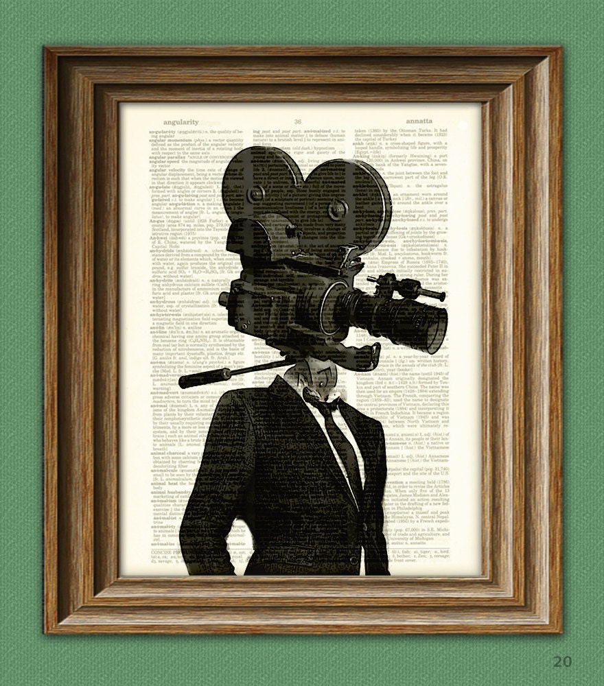 THE TAPE HEAD Movie Camera Man illustration beautifully upcycled dictionary page book art print