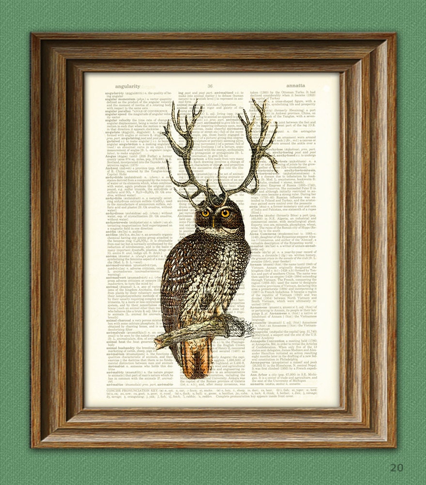 Owl with Antlers 'The Forest Elder' print over an upcycled vintage dictionary page book art