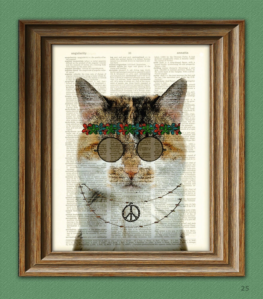 Windsong the Flower Child HIPPIE CAT with John Lennon glasses illustration beautifully upcycled dictionary page book art print