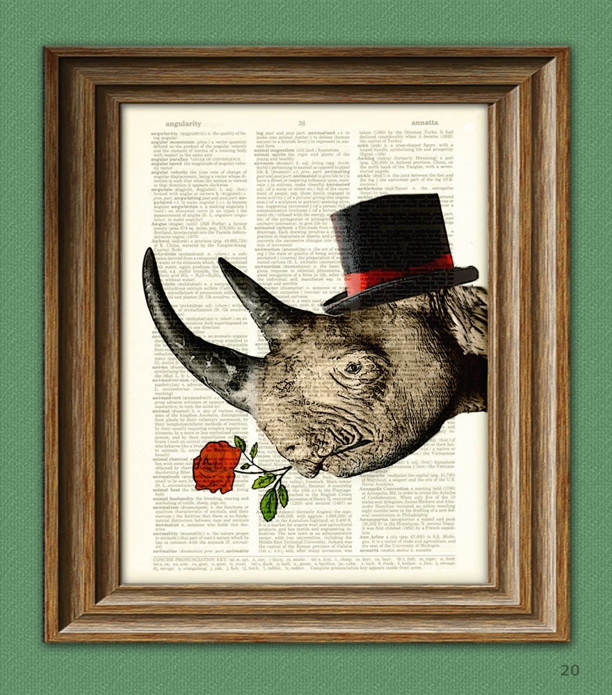 Rhino Art Print Care to Tango Rhinoceros with Rose and fancy hat over an upcycled vintage dictionary page book art print