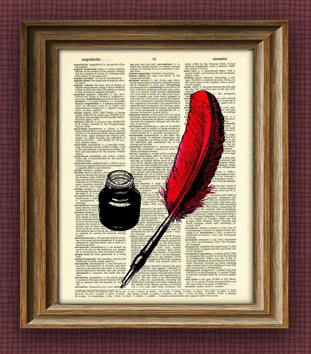 INK POT and FEATHER Quill Pen illustration beautifully upcycled dictionary page book art print