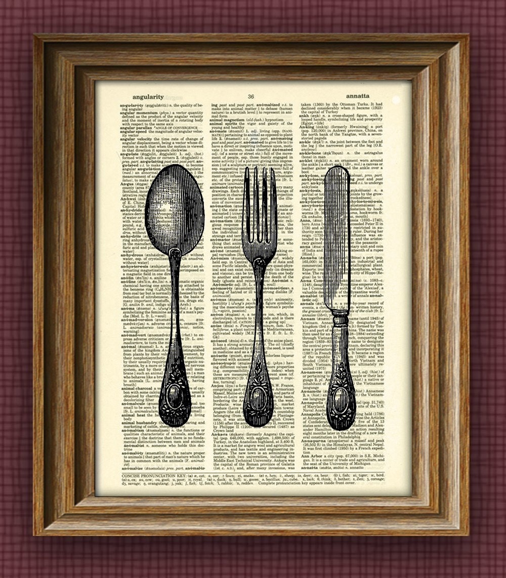 VICTORIAN UTENSILS knife fork spoon print over an upcycled vintage dictionary page book art