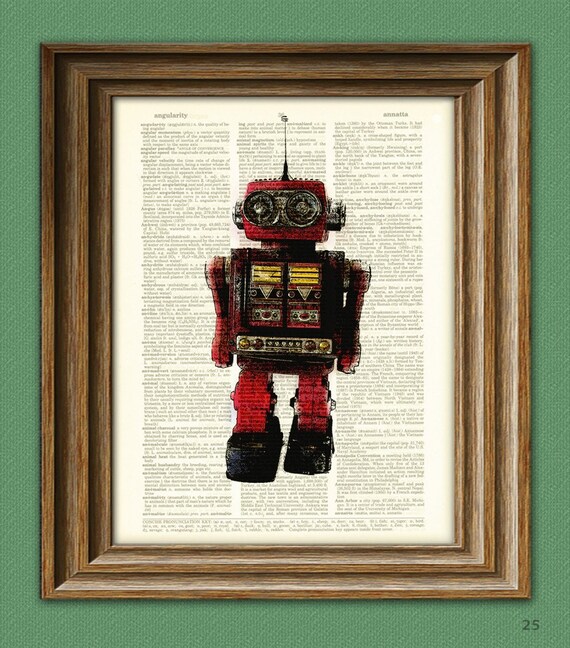 Robot Print DESTROY DESTROY Space Retro ROBOT geeky upcycled vintage dictionary page book art print