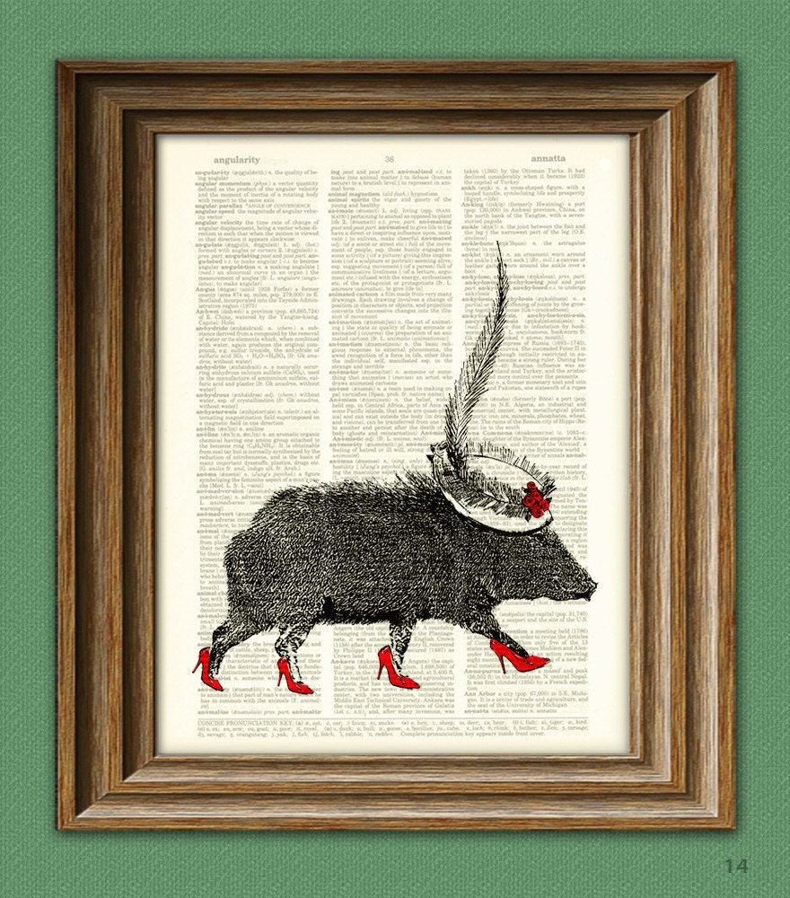 High Heel JAVELINA with a SUNDAY HAT print over an upcycled vintage dictionary page book art