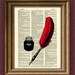 INK POT and FEATHER Quill Pen illustration beautifully upcycled dictionary page book art print