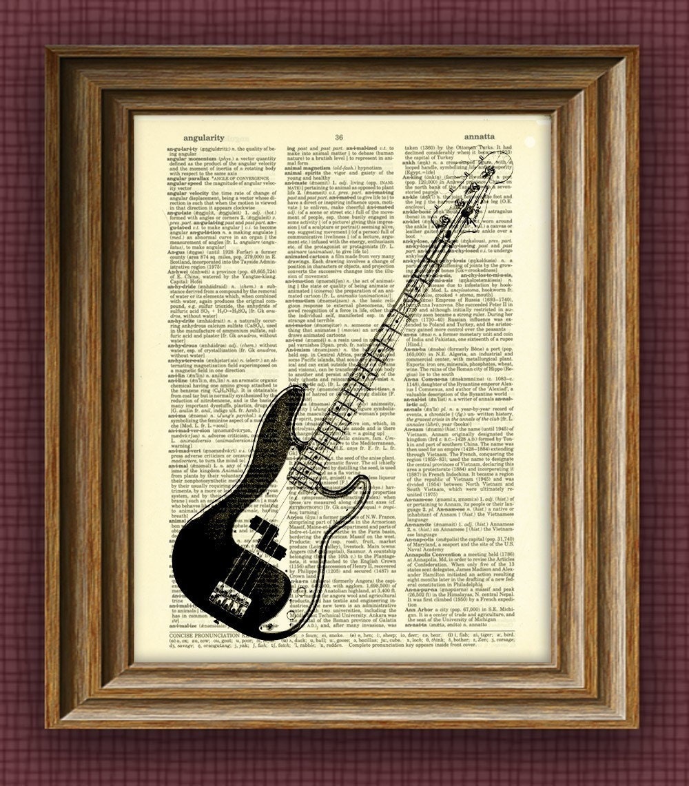 Fender Precision Electric Bass Guitar illustration beautifully upcycled dictionary page book art print