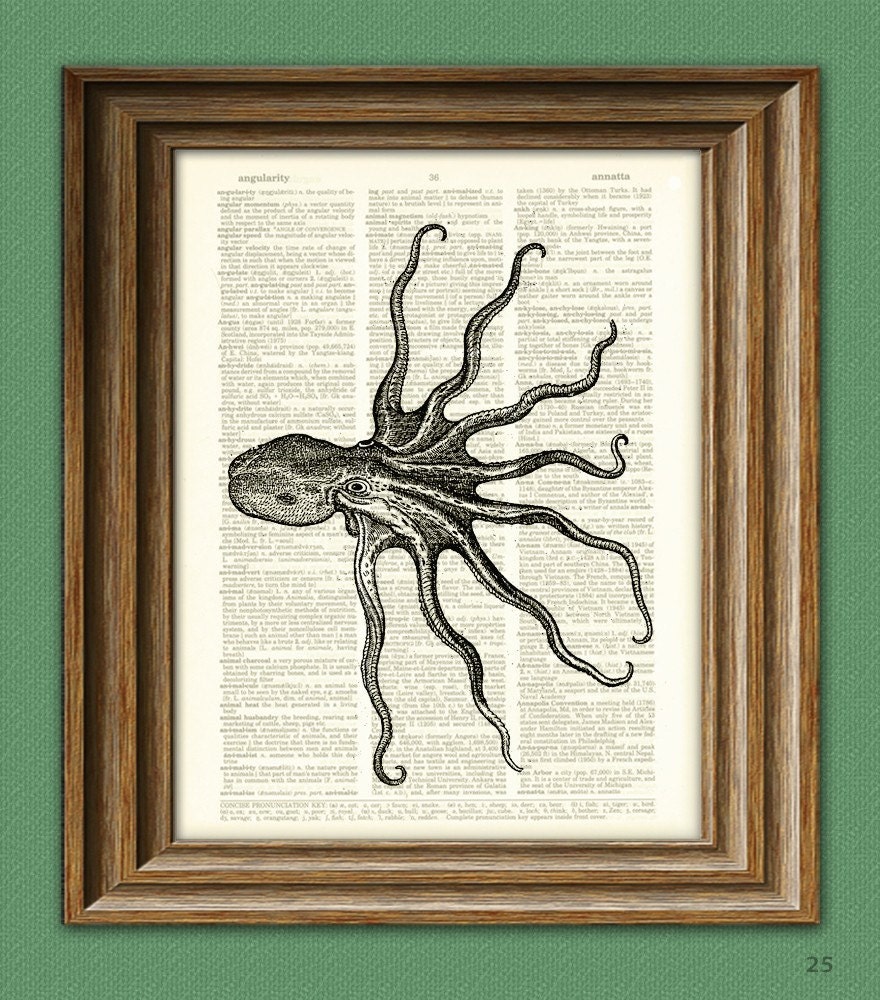 Octopus Art Print side swipe altered art on a vintage dictionary page illustration book print
