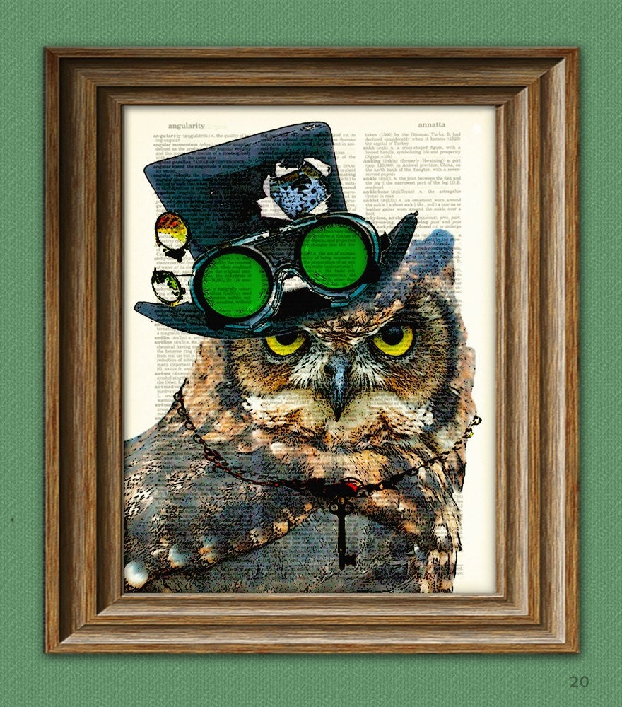 Steampunk Owl Inspektor VonTalon with top hat and goggles and skeleton key illustration beautifully upcycled dictionary page book art print