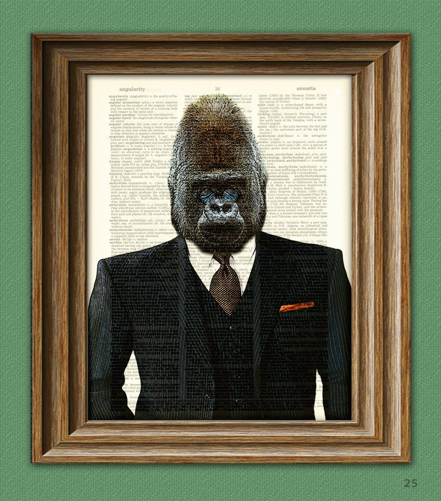 Monkey Business GORILLA in a SUIT and tie illustration beautifully upcycled dictionary page book art print