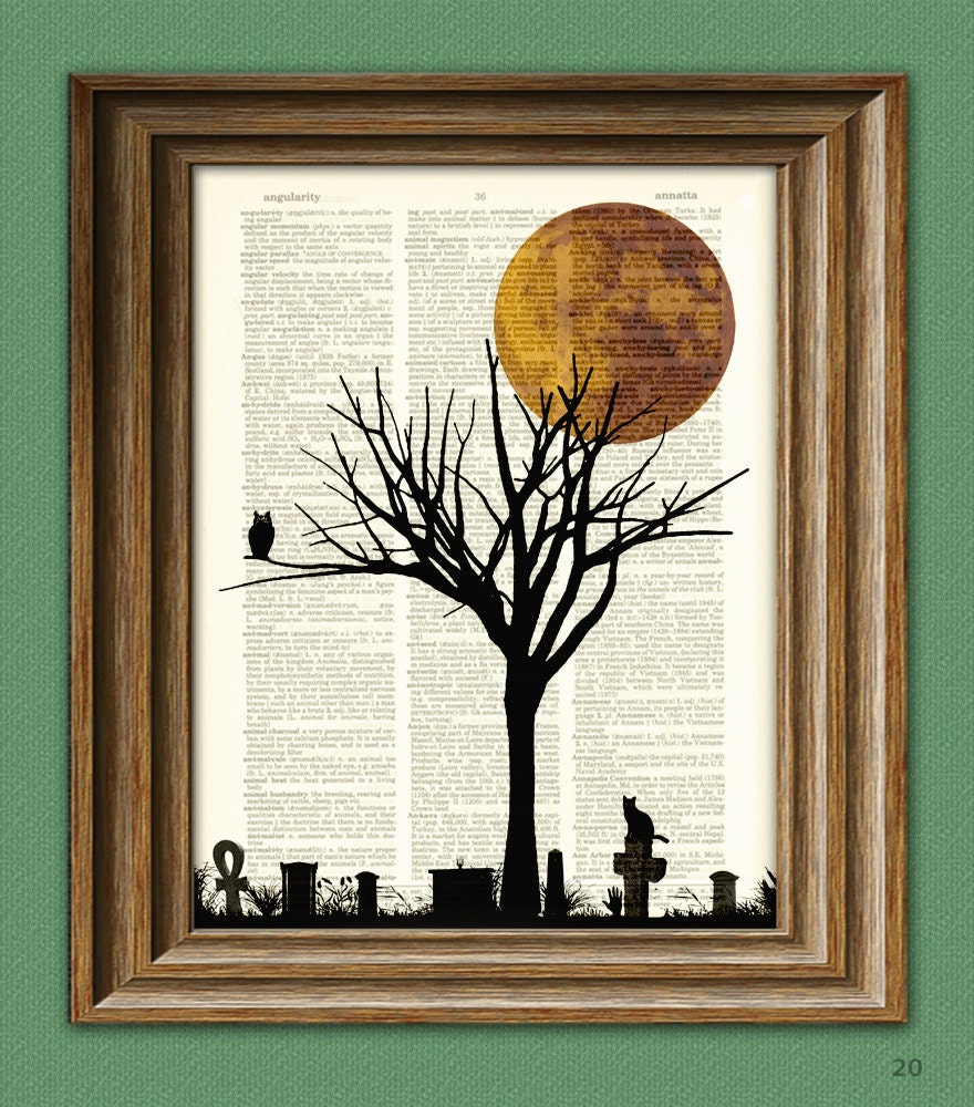 Halloween Tree Art Print Owl and Cat in a full moon graveyard print over an upcycled vintage dictionary page book art