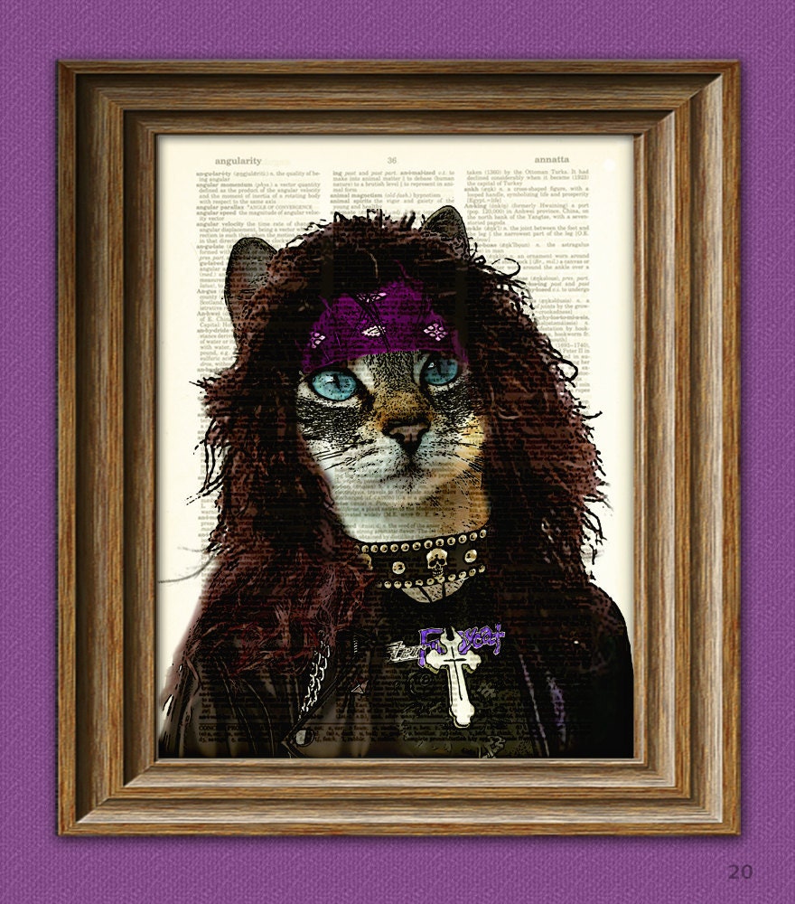 80's Heavy Metal Cat "Axl Glitterpuss" Cat illustration beautifully upcycled dictionary page book art print Hair Metal