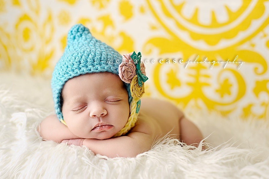 Pixie Hat in Aqua and Yellow with Detachable Accessory