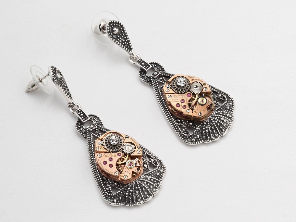 Steampunk Earrings vintage rose gold watch movements gears crystal silver Neo Victorian Industrial jewelry by Steampunk Nation 1543