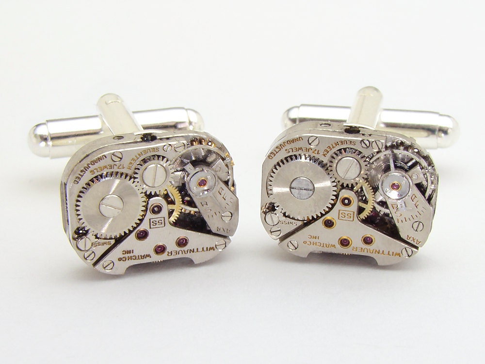 Steampunk cufflinks vintage watch movements gears wedding anniversary grooms gift silver cuff links mens jewelry by Steampunk Nation 1593