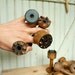 6 Small Vintage Wooden Bobbin Collection - Half Dozen Industrial Era Ratcheted Spools - Organize Ribbons Trims Display