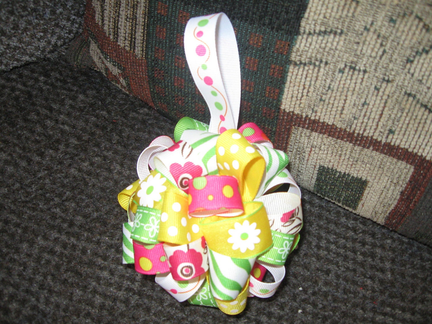 Wedding, Bridal Shower,  or Party Decoration - Ribbon Ornament in Summer Colors of Pink, Lime Green, White, Yellow