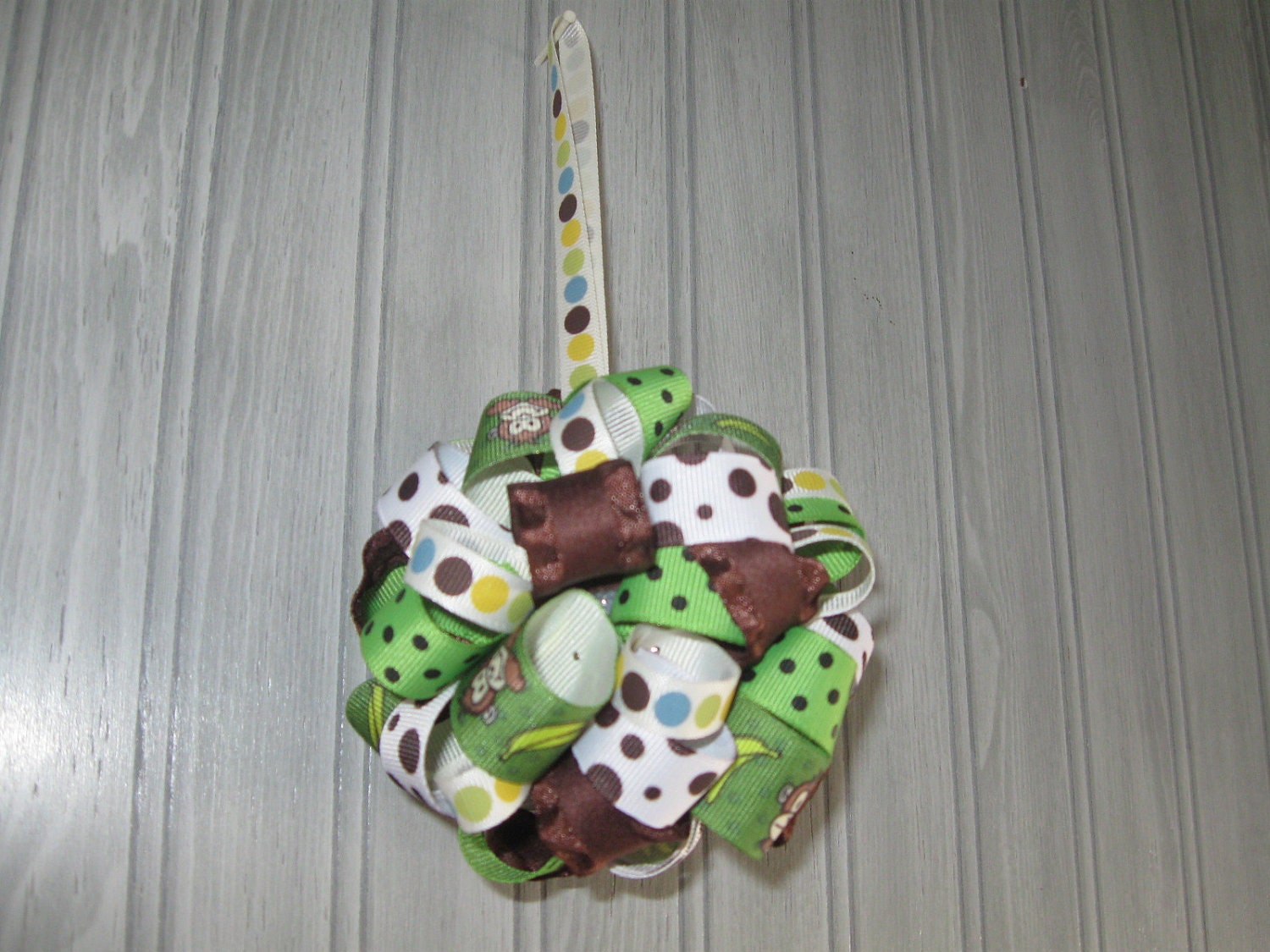 Boy's Birthday Party Decoration, Boys Baby Shower - Ribbon Ornament in Monkeys, Green, Brown and Whie