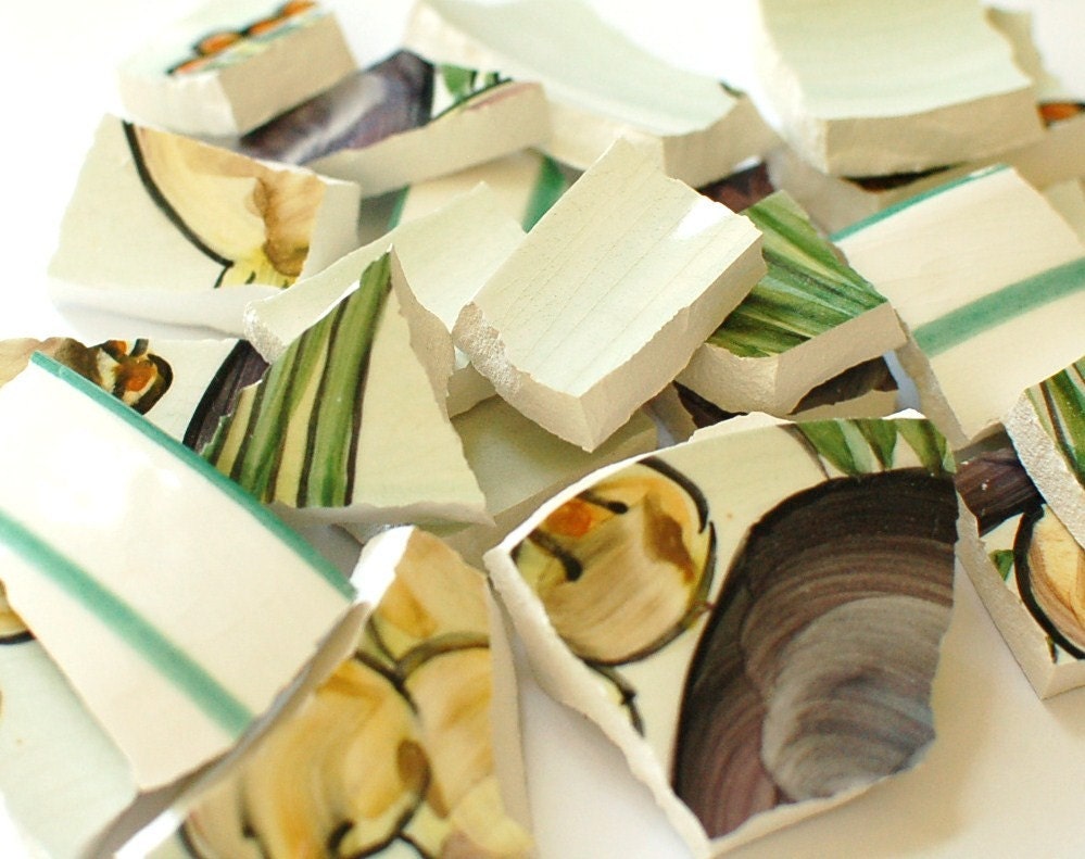 Broken China Mosaic Tiles - Eggplant Cream - Recycled Plate - Set of 70