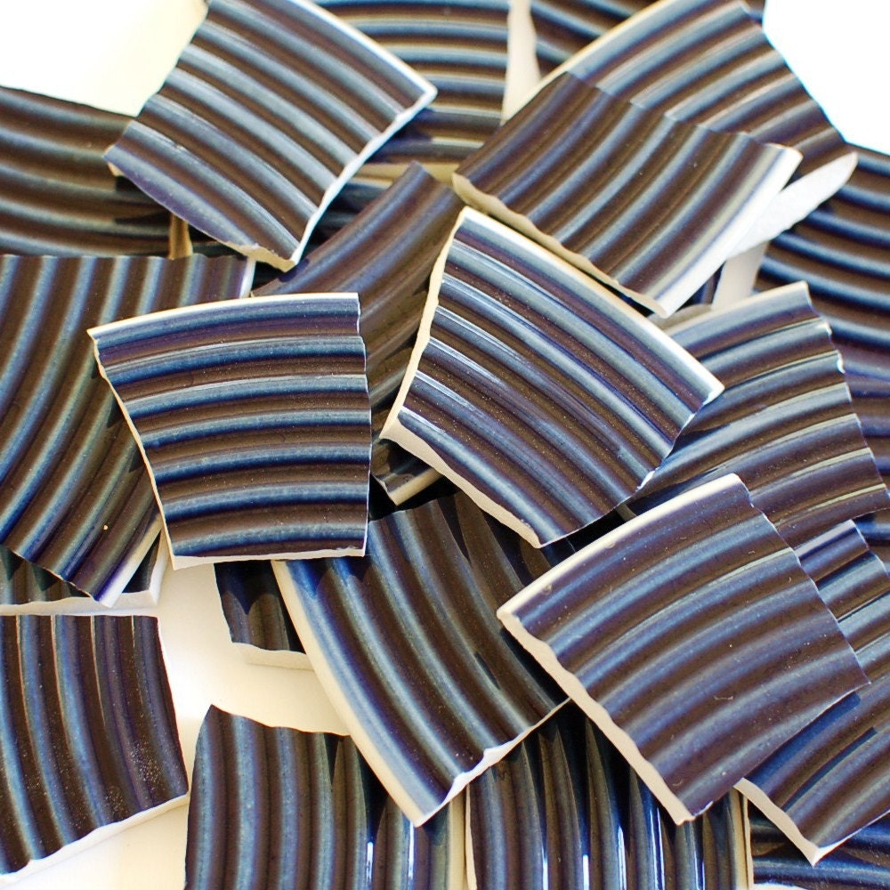 Broken China Mosaic Tiles - Cobalt Blue with Ridges - Large Size - Set of 50