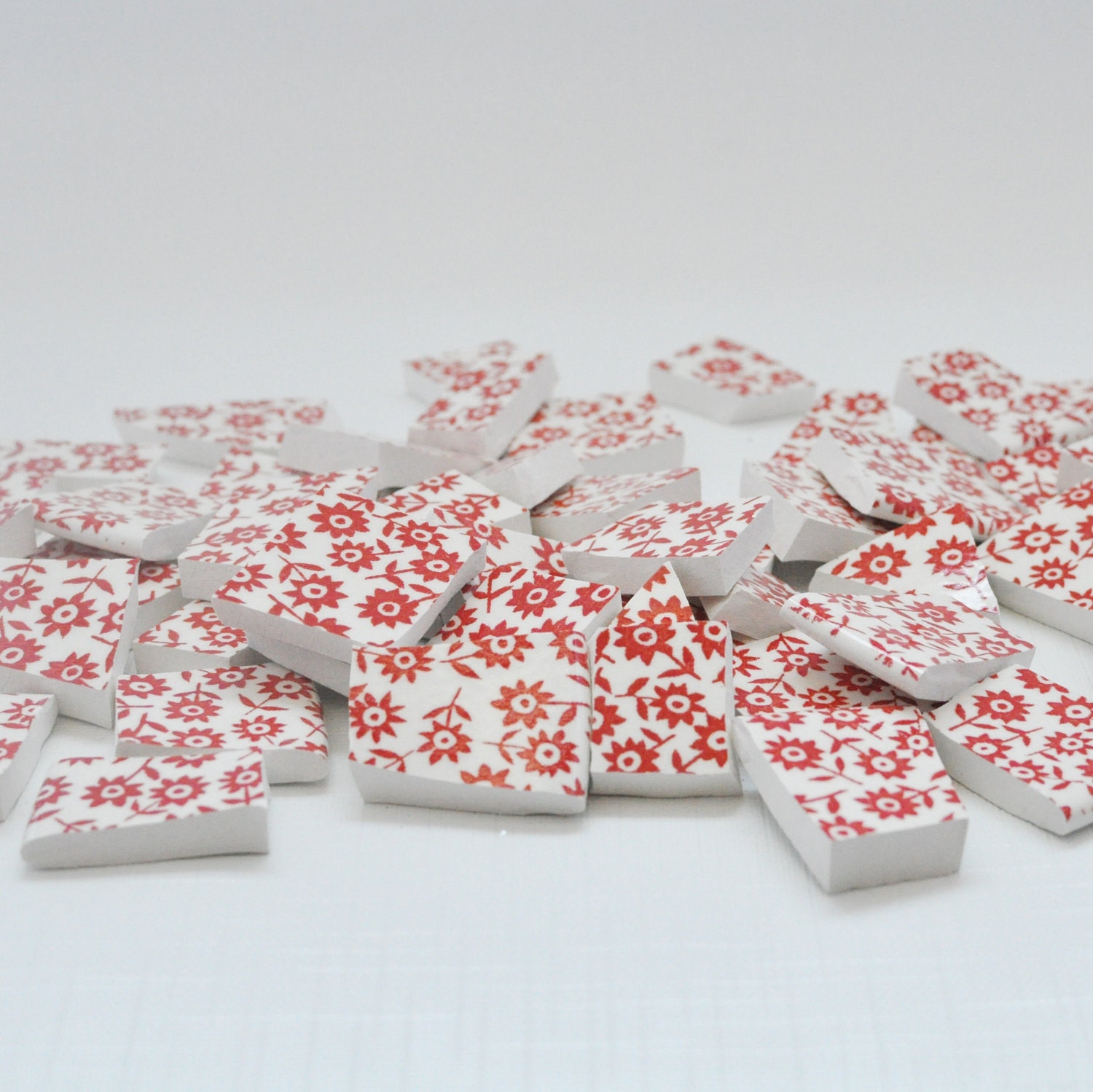 Broken China Mosaic Tiles - Red Flowers - Recycled Plates -  Set of 100